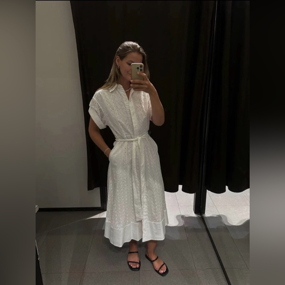 ZARA EMBROIDERED Eyelet MIDI Shirt DRESS BELTED WHITE SZ S 100% Cotton 7761/052 - Picture 2 of 12